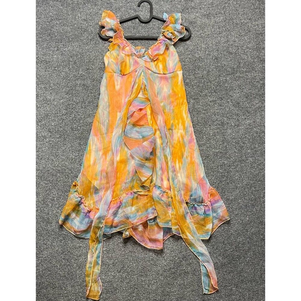U & Me Womens A Line Dress Orange Abstract Short V Neck Sleeveless Ruffle M